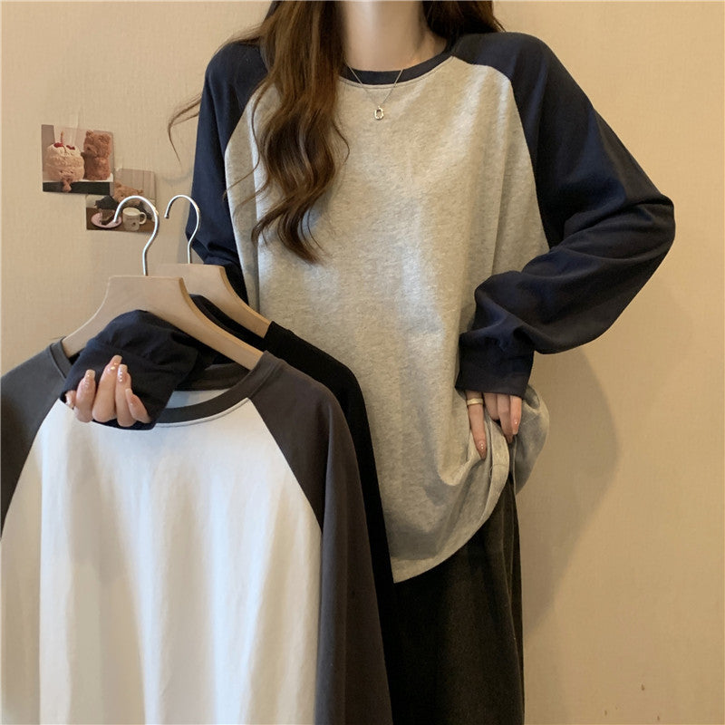 Loose Long Sleeve Women's Color-blocked Raglan Round Neck