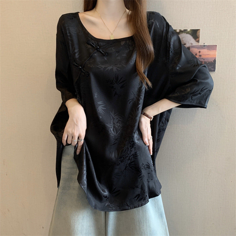 Women's Vintage Jacquard Blouse With Chinese-style Button Closure, New Chinese-style Top