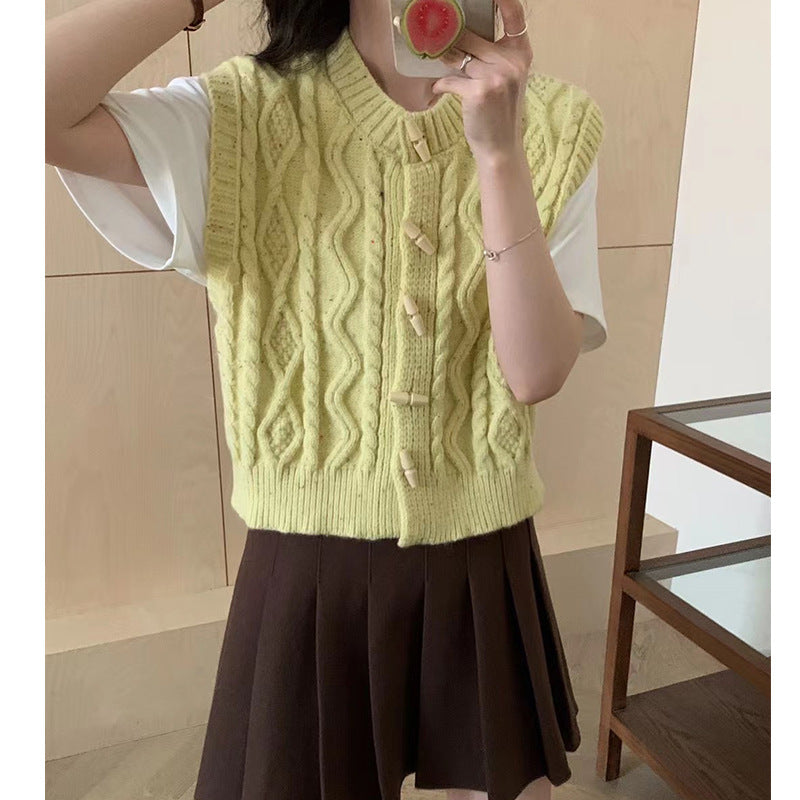 Horn Button Retro Twist Knitted Vest Cardigan For Women