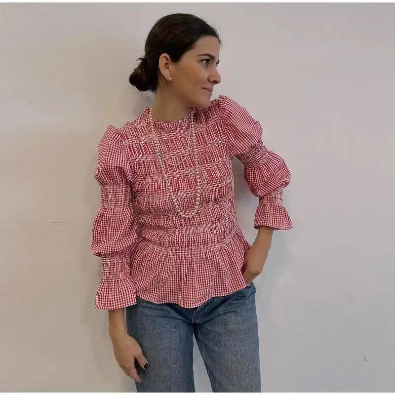 Plaid-printed Pleated Crew-neck Long-sleeve Slim-fit Women's Top