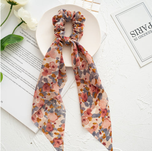 Long Ribbon Large Intestine Ring Headwear Women's Hair Tie Ponytail Bandeau Floral Hair Ring Simple