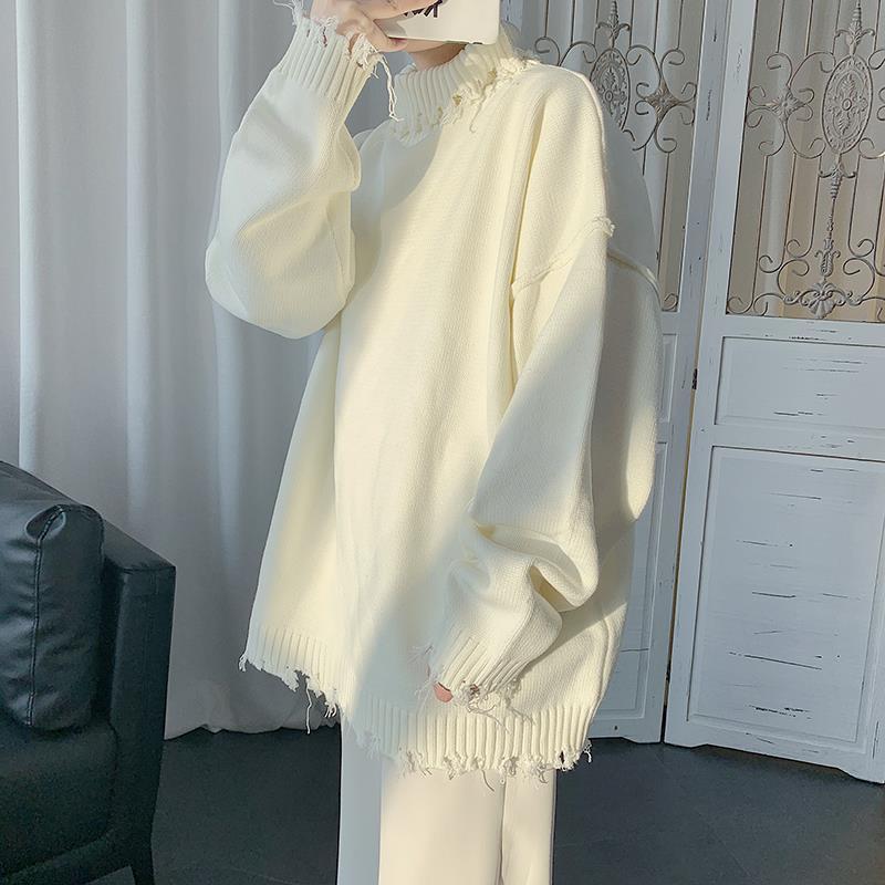 Half High Neck Ripped Sweater Autumn And Winter Knitting