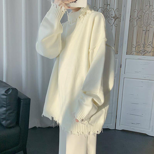 Half High Neck Ripped Sweater Autumn And Winter Knitting