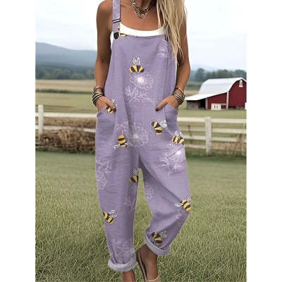Women's Summer Digital 3D Printing Button Casual Suspender Trousers