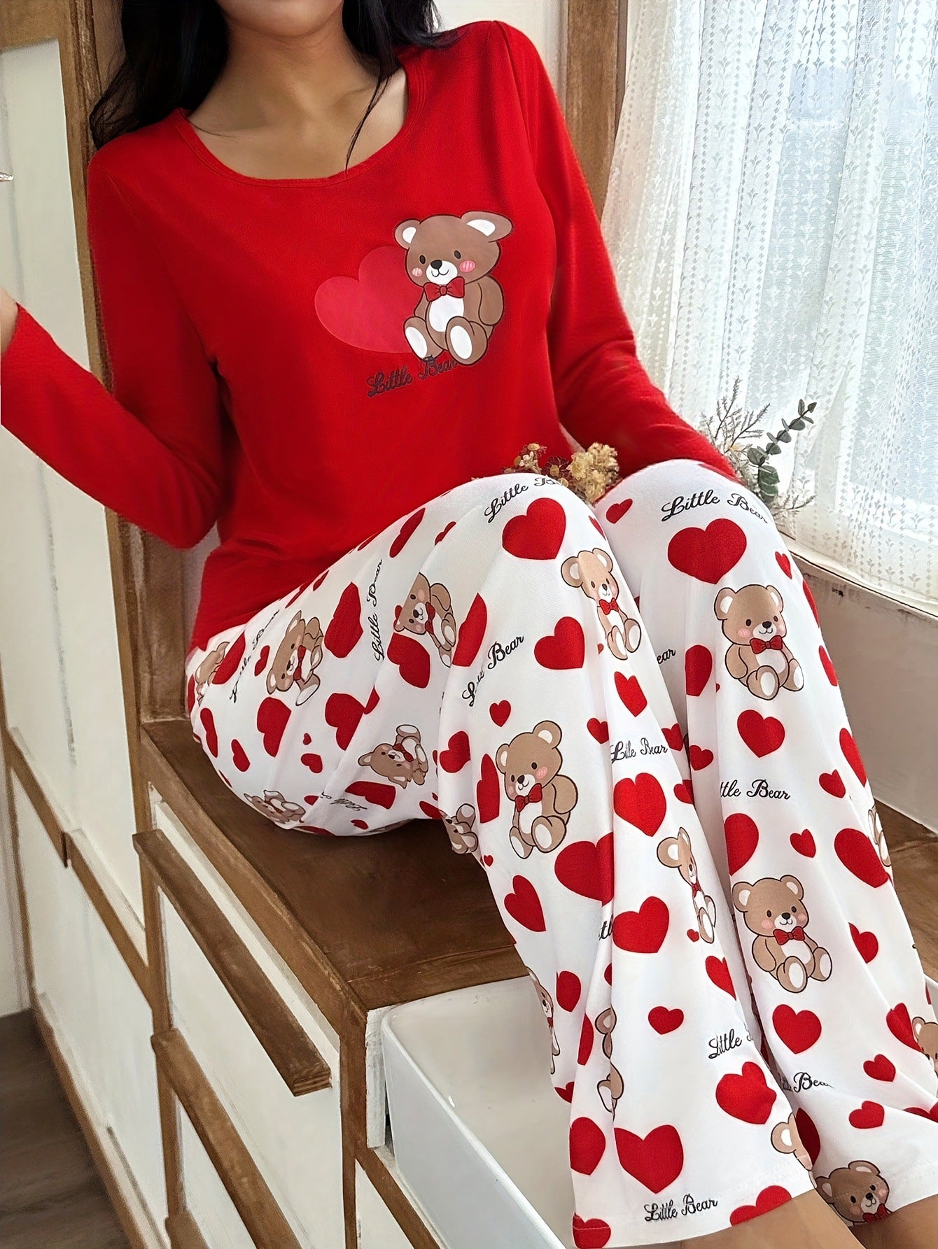 Womens Crew-Neck Bear And Heart Print Long-Sleeve Pajama Set With Long Pants