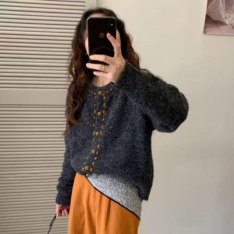 New Retro Soft Glutinous Handmade Stitching Round Neck Sweater Coat For Women