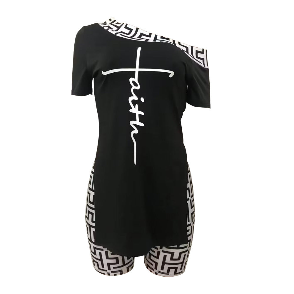 Oblique Shoulder Floral Print Slit Short Sleeve Shorts Suit
