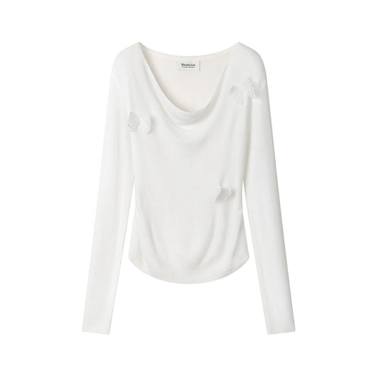 Sweet Pink 3D Butterfly Age-Reducing Knitted Top Long-Sleeve T-Shirt That Slims And Flatters Your Figure