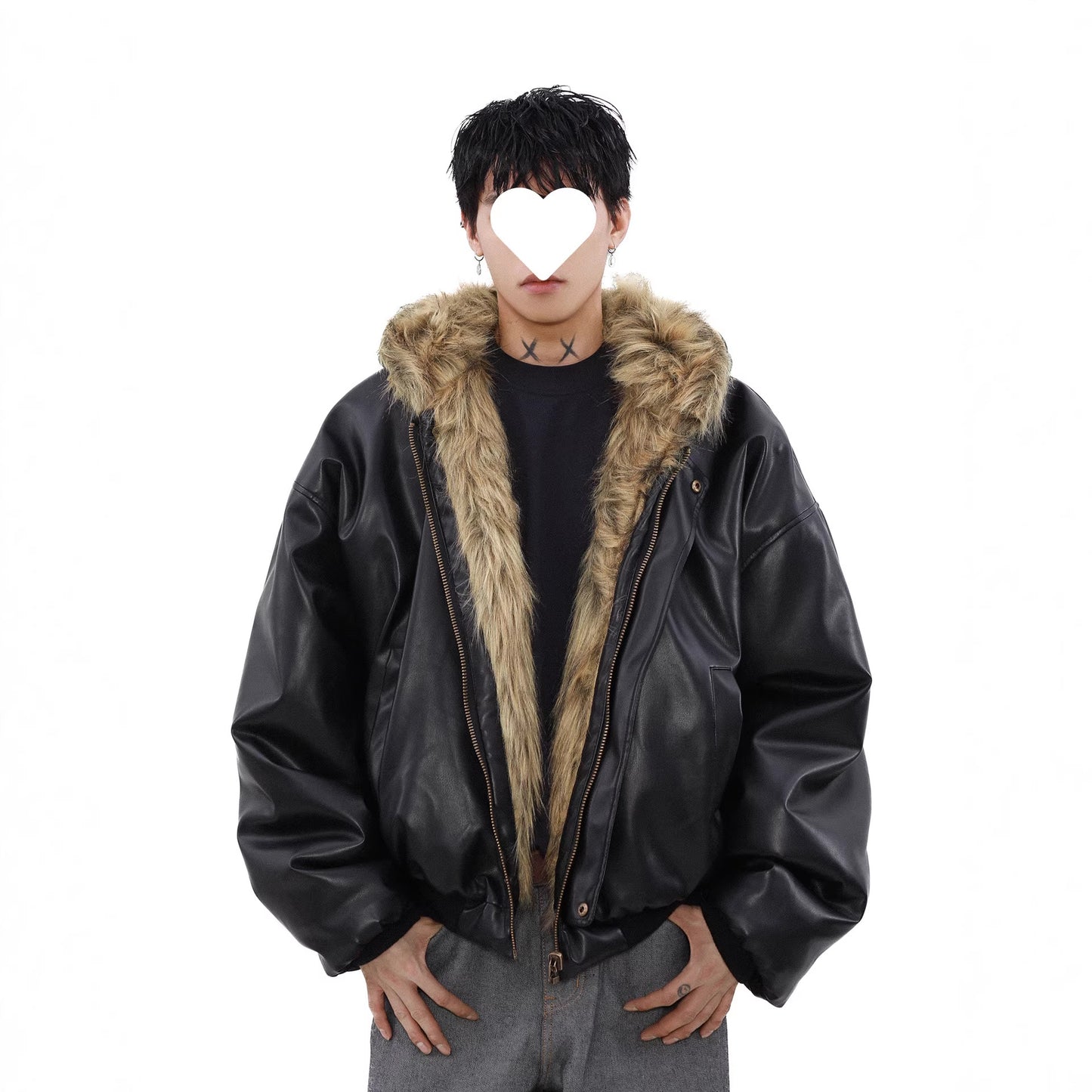 Mens Winter Fleece-Lined Thickened Reversible Leather-and-Fur Jacket