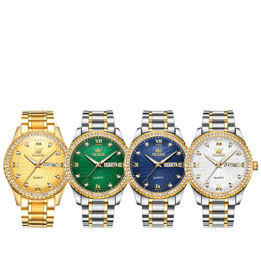 Diamond Set Stainless Steel Business Watch Waterproof Date Day