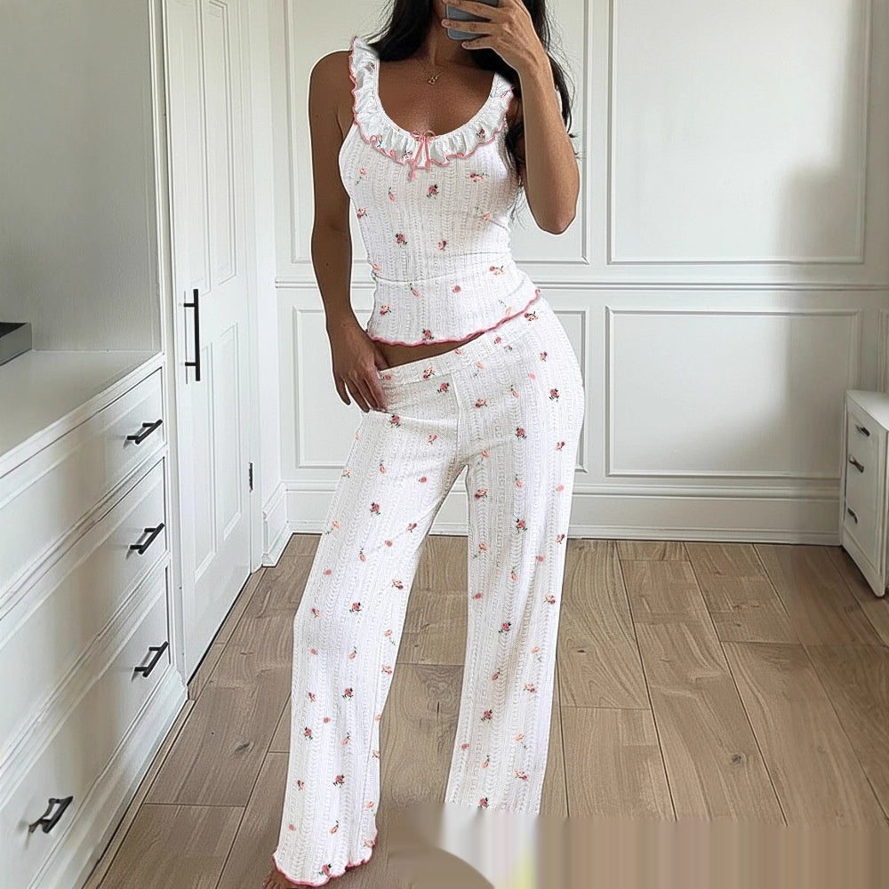 Ruffle Trimmed Sweetheart Neck Sleeveless Top And Pants Two Piece Set