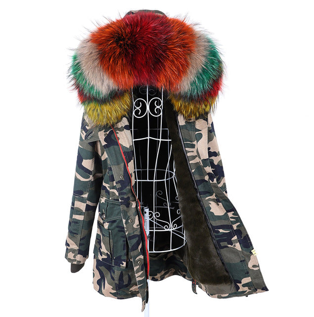 New Big Natural Real Raccoon Fur Collar Coat Luxu