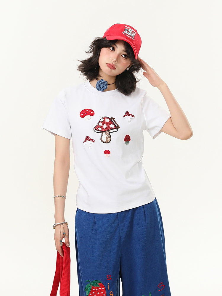 Women's Mushroom Embroidered Crew Neck Shoulder Short-sleeved T-shirt