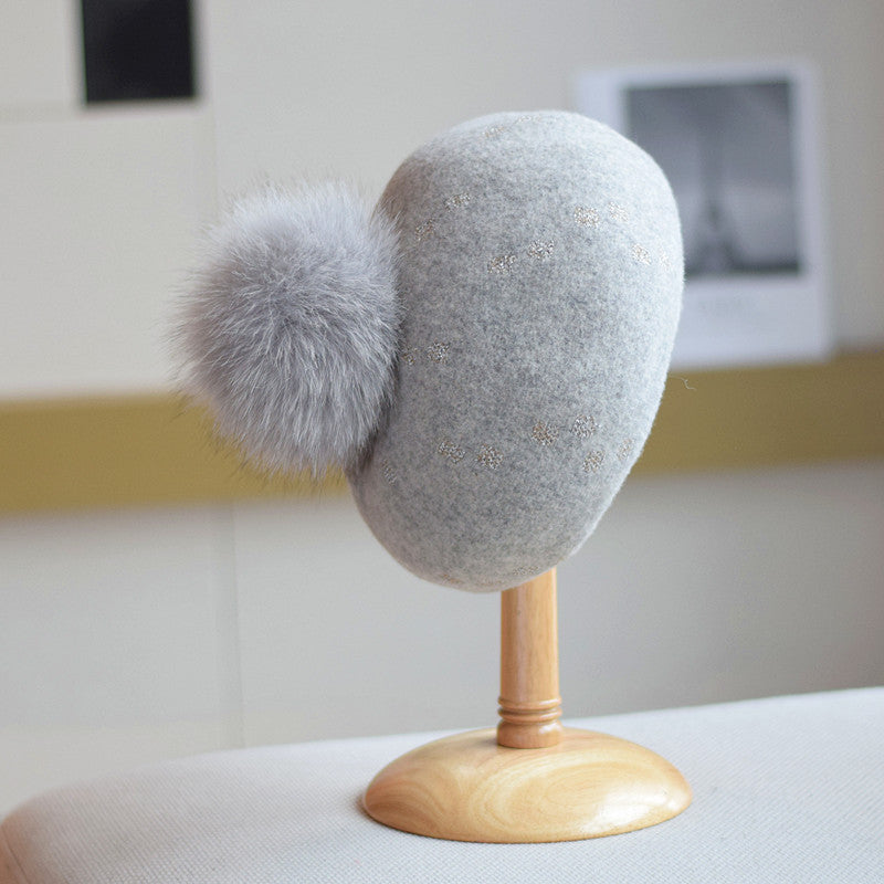 Elegant Woolen Gilding Beret Women's Korean Style Fox Fur Ball Vintage Painter Hat