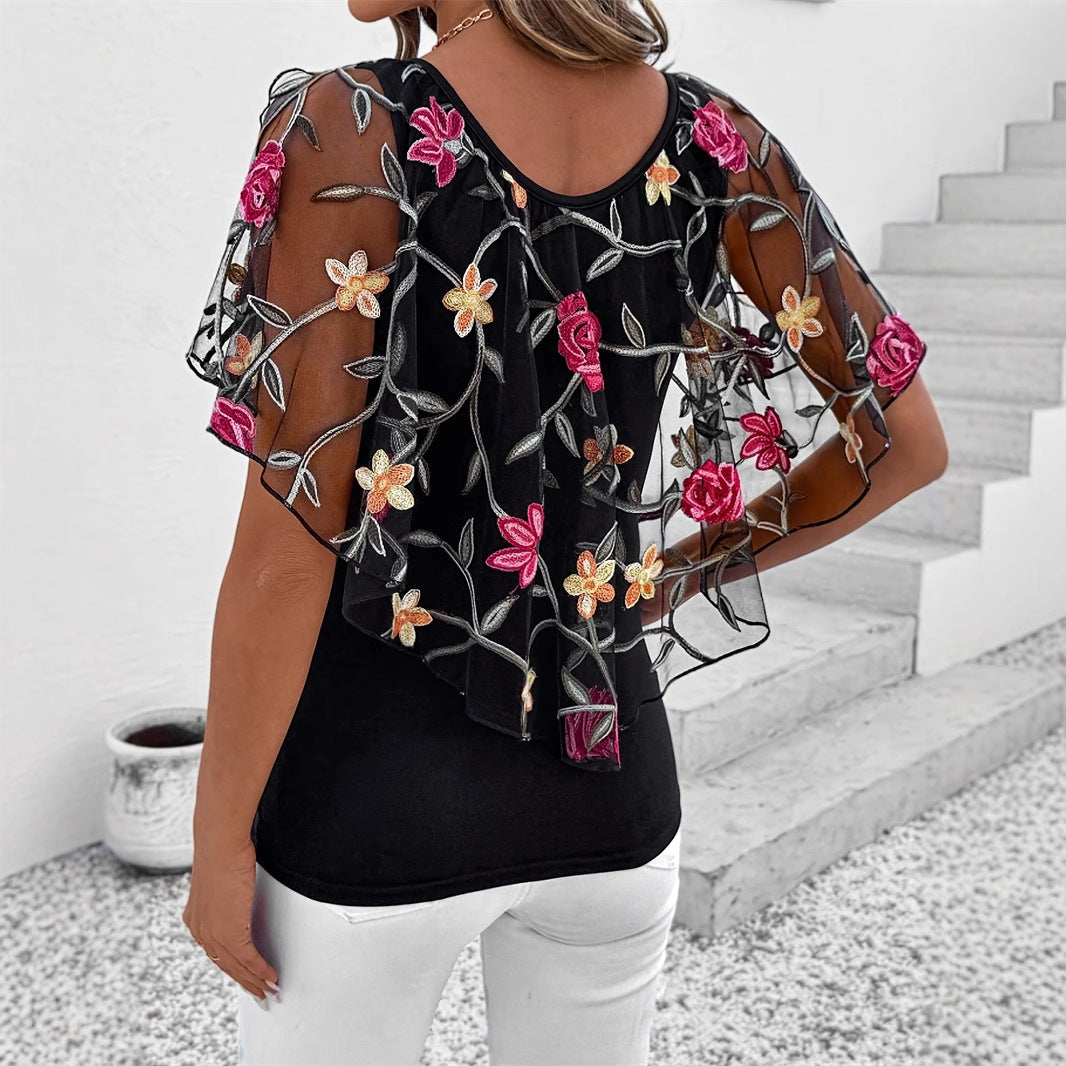 Women's Fashion Top Mesh Stitching Short Sleeve
