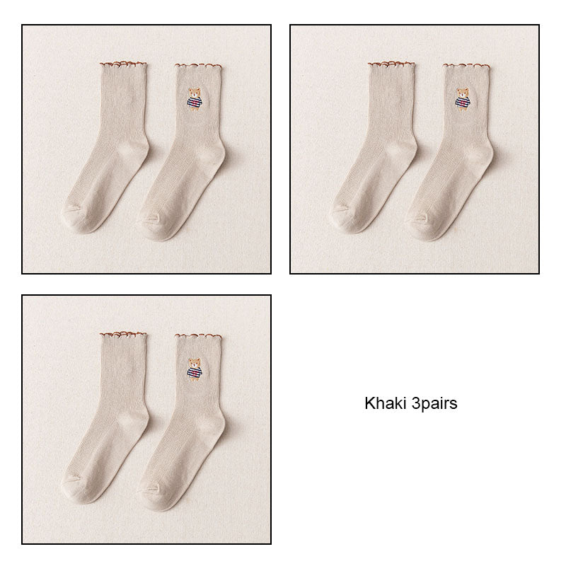 Women's Bear Embroidered Fungus Lace Mid Tube Socks