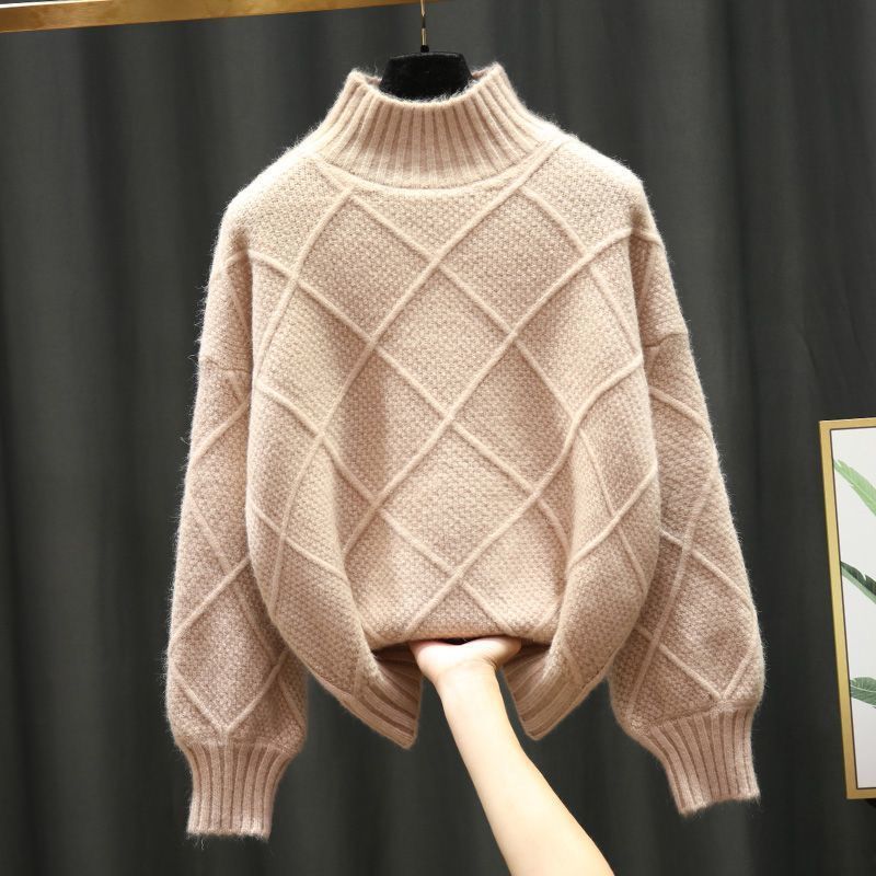 Turtleneck Pullover Diamond All-match Solid Color Loose Sweater
