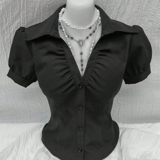 V-neck Pleated Sexy Women's Slim-fit Short-sleeved Shirt