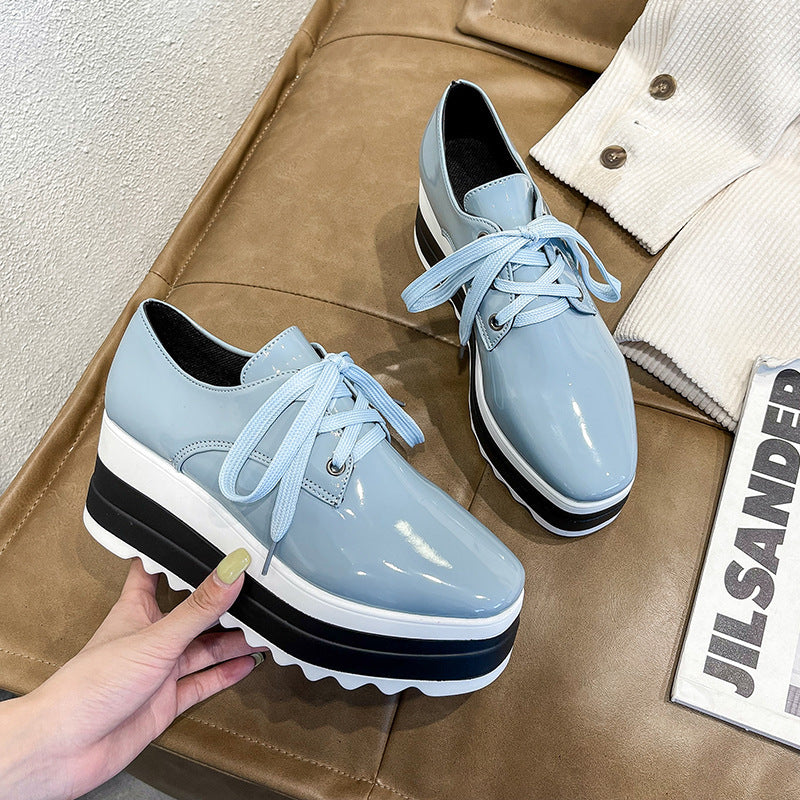 Women's Lace-up Square Toe Patent Leather Platform Shoes