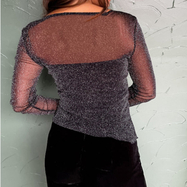 Sort metallisk glimmer mesh langærmet top