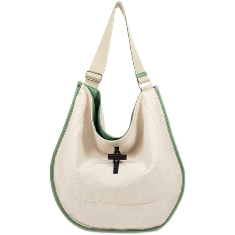 Contrast Color Texture Drawstring Tote Large Capacity Canvas Stitching Leather Simple Bag