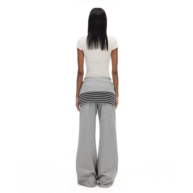 Adjustable Waist Gray Wide Leg Striped Skirt Profile Long Sports Pants Women