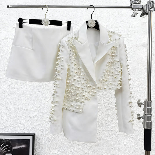 Womens Fashionable Deep V-Neck Heavy-Detailed Beaded Blazer And Skirt Set