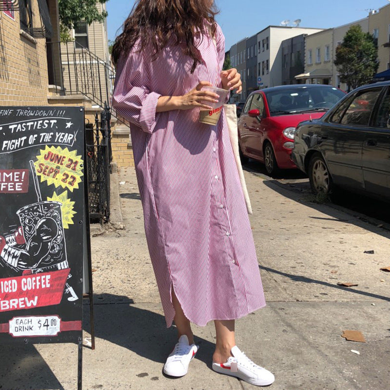 Womens Striped Polo-Neck Single-Breasted Shirt Dress