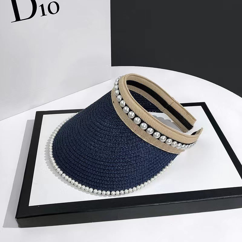 Empty Top Sunshade Pearl Straw Hat Women Lace