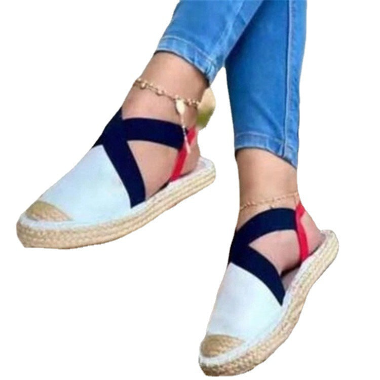 Straw Flat Women's Round Toe Elastic Sandals