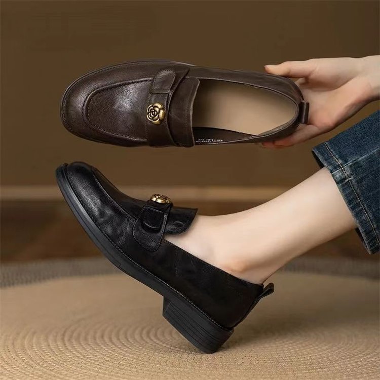 New Lazy Commute Flat Shoes For Women, Camellia Loafers, Soft Leather Vintage Distressed British Style Small Leather Shoes