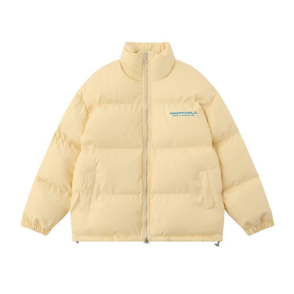 English Letters Printed Street Stand Collar Two-way Loose Zip Cotton-padded Coat