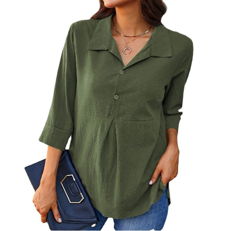 Solid-color Lapel-neck Slit Peplum Three-quarter-sleeve Womens Shirt