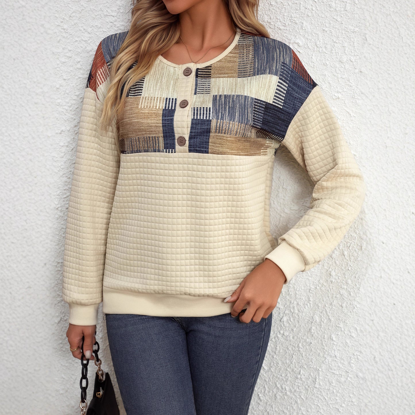 Female Casual Versatile Color-blocked Loose V-neck Top