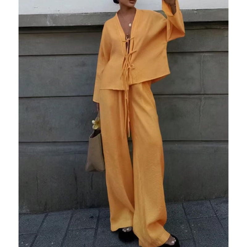 High-end Lace-up Shirt And Pants Casual Fashion Set