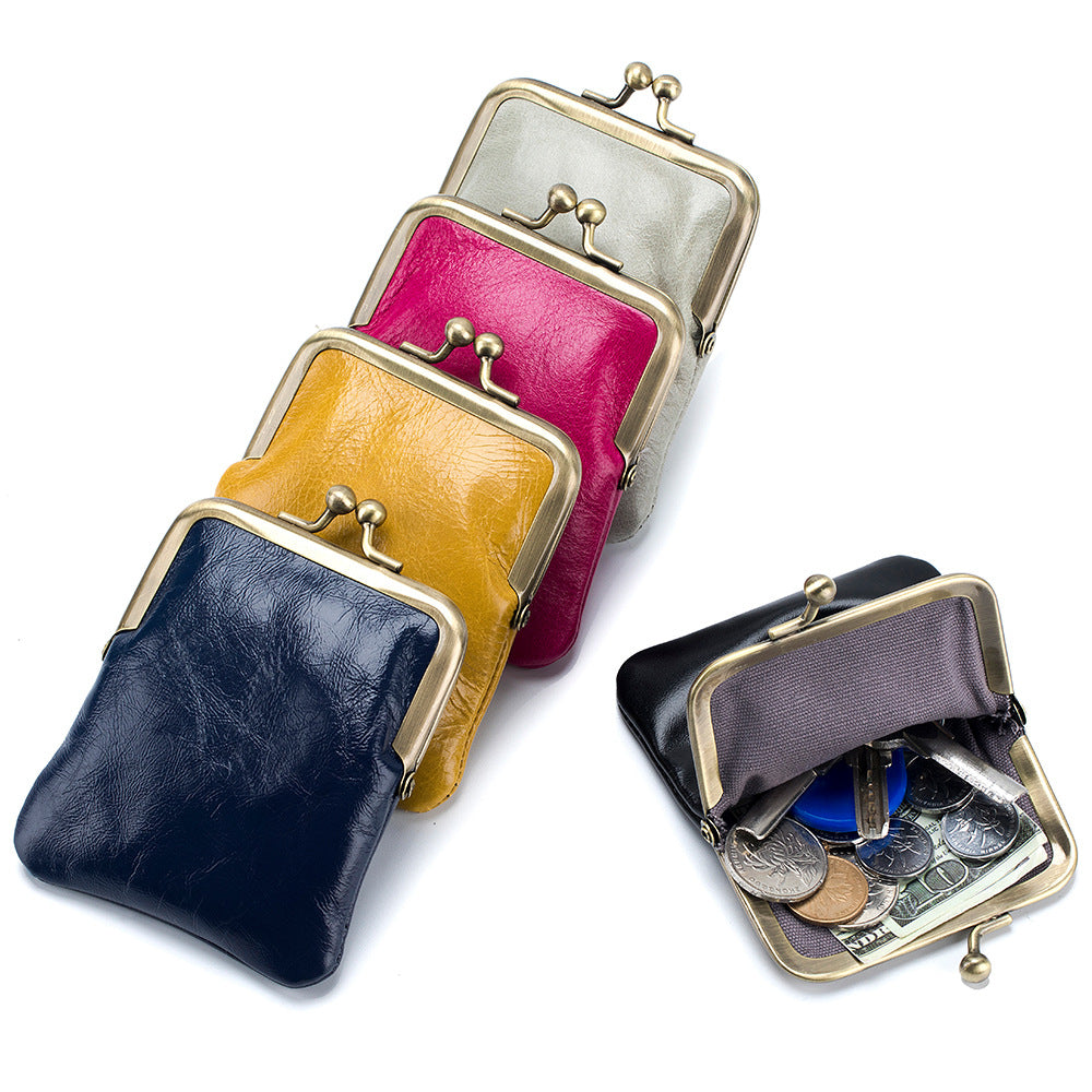 First Layer Oil Wax Cowhide Retro Compact Clip Coin Purse
