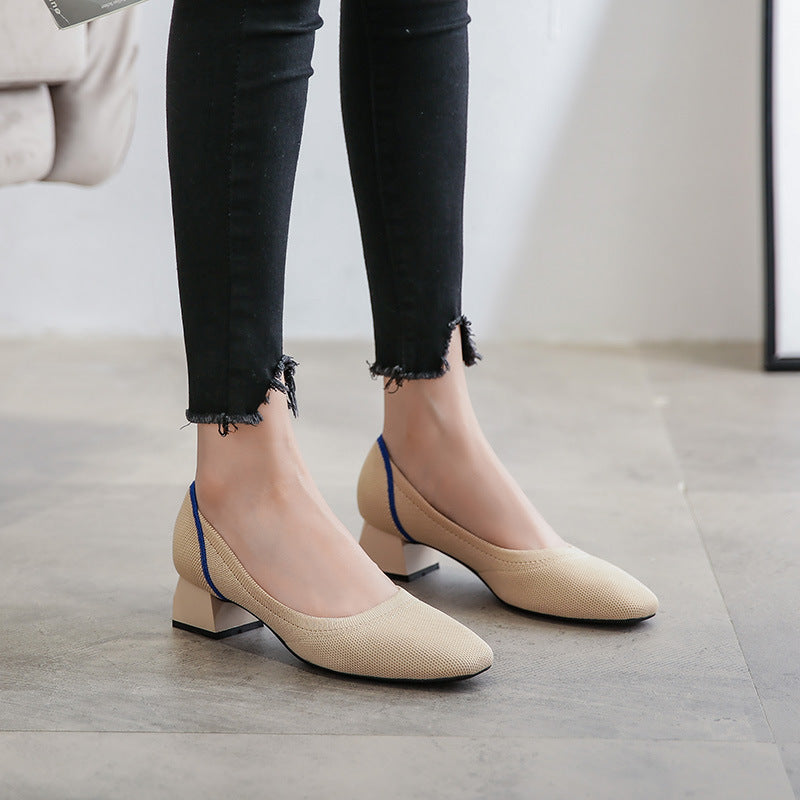 Square Toe Mid-heel Cross-border Foreign Trade Flyknit Leopard Print Chunky Heel Comfortable Woven Women's High Heels