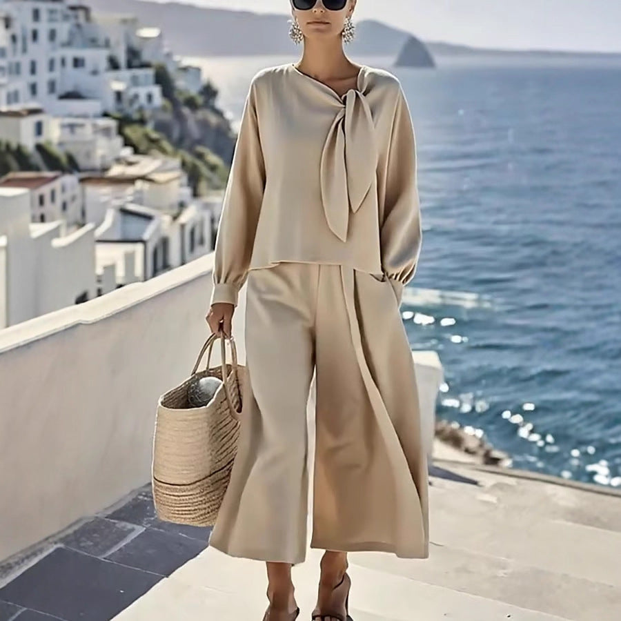 Women's Casual Solid Color Long Sleeve Top And Pants Two-Piece Set