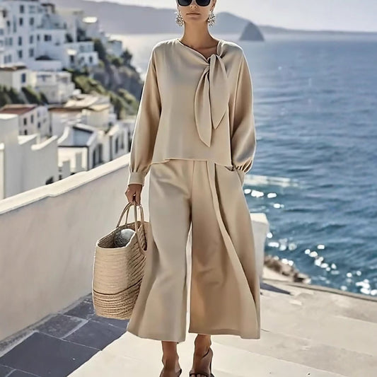 Women's Casual Solid Color Long Sleeve Top And Pants Two-Piece Set