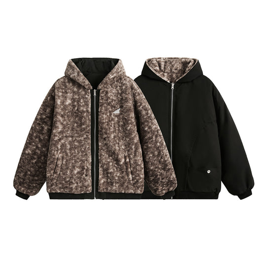 Double-sided Wear Cotton Coat Jacket Men's Leopard Print Imitation Fur Hooded