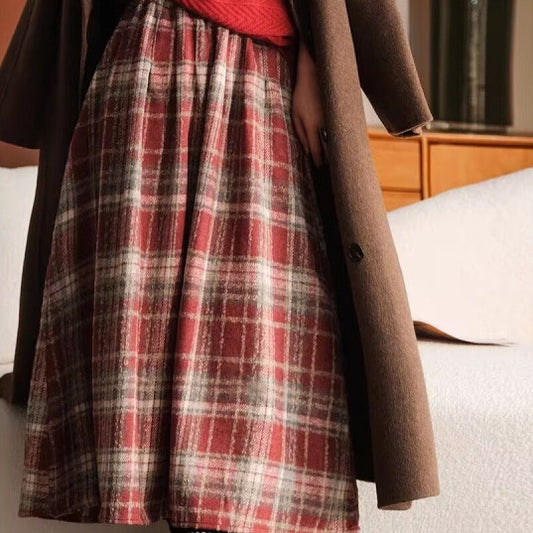 Thickened Woolen Elastic Waist Plaid Skirt Retro Artistic A Line Skirt For Women