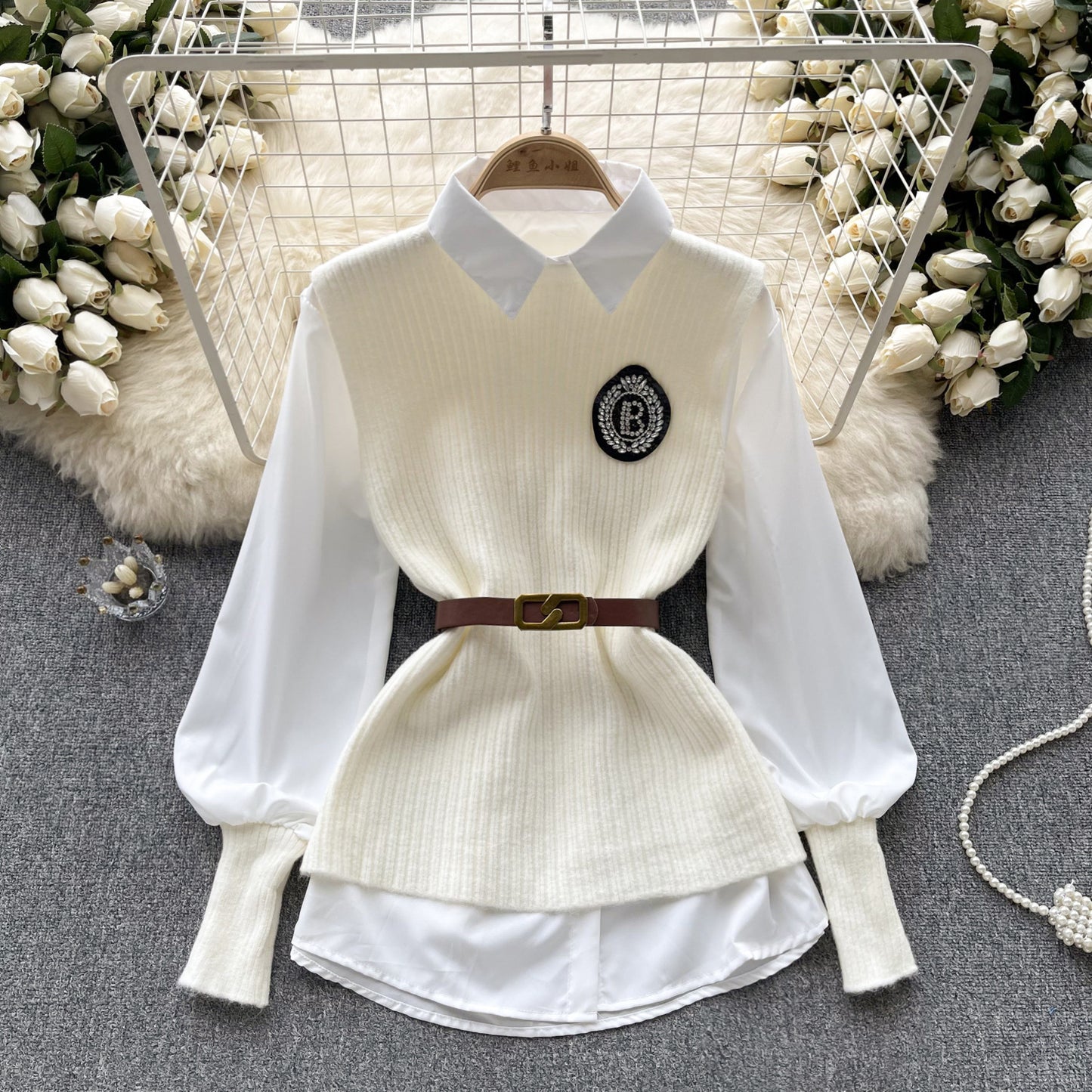 Loose Long Sleeves Shirt Knitted Vest High-grade Light Luxury Socialite Suit