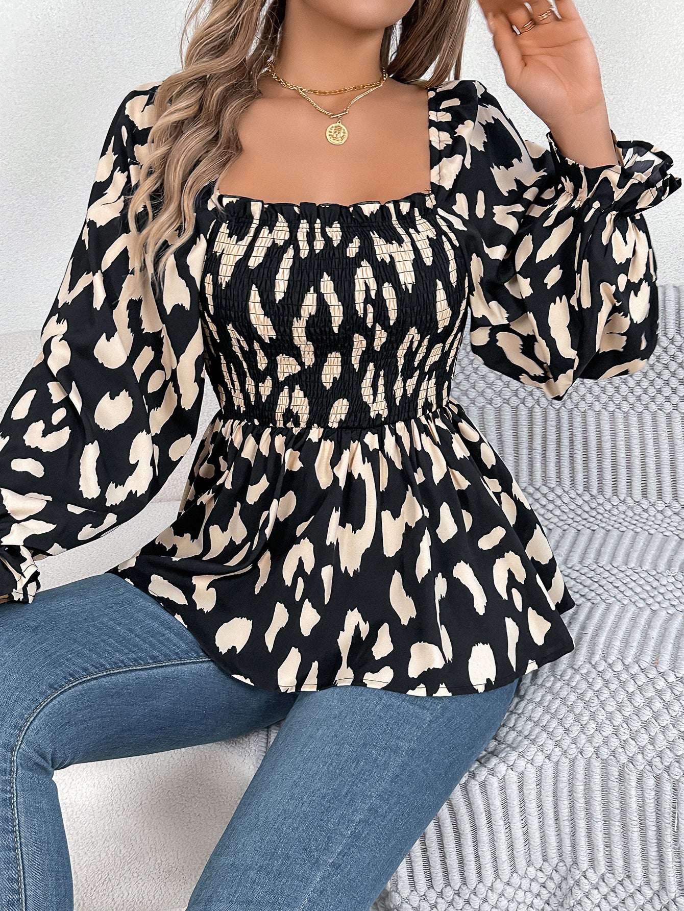 Women's Casual Ruffle Trim Square Neck Leopard Print Long Sleeve Chiffon Top