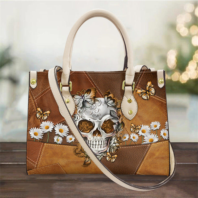 Women's Pu Handbag Skull Black And White Fashion Vintage Crossbody Hand-carrying Bag