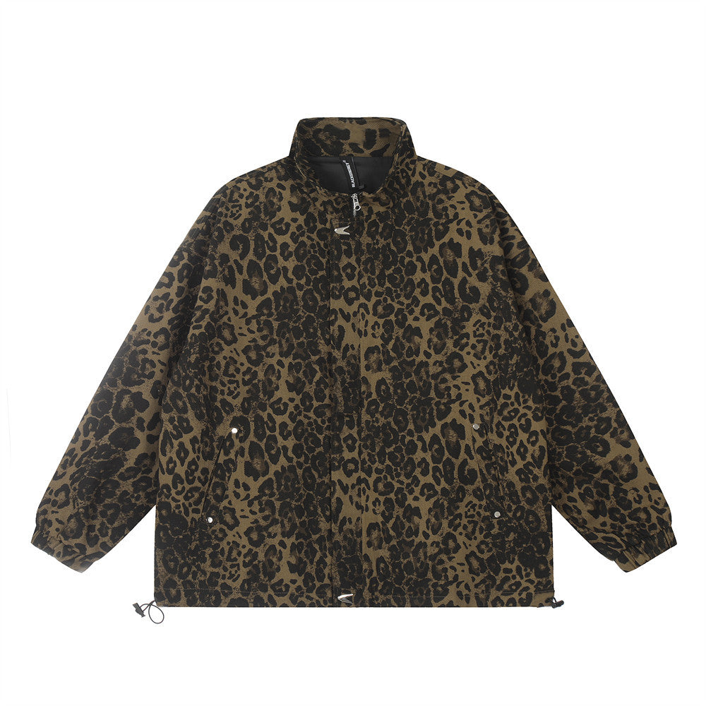 Men's Loose Casual Stand Collar Leopard Print Denim Jacket