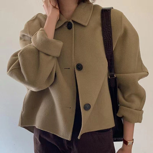 Retro Lapels Leisure Loose Puff Sleeves Woolen Short Coat