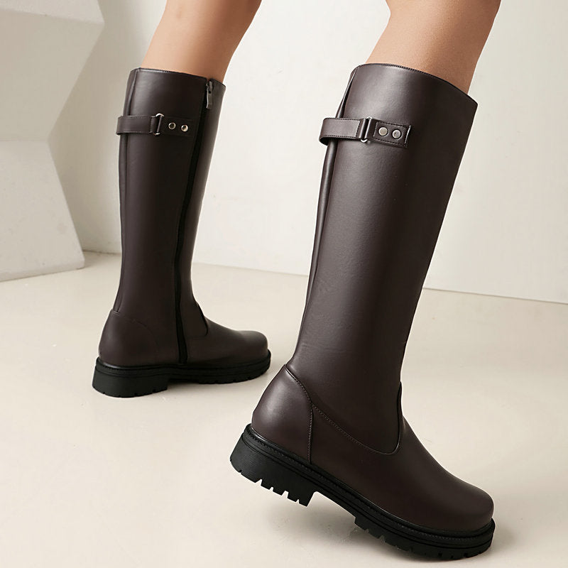 Womens Retro British-Style Leather Belt-Buckle Riding Boots