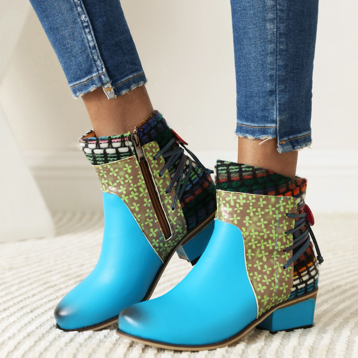 Mid-heel Round Toe 40-43 Side Zipper Low Tube Color Matching Women's Boots