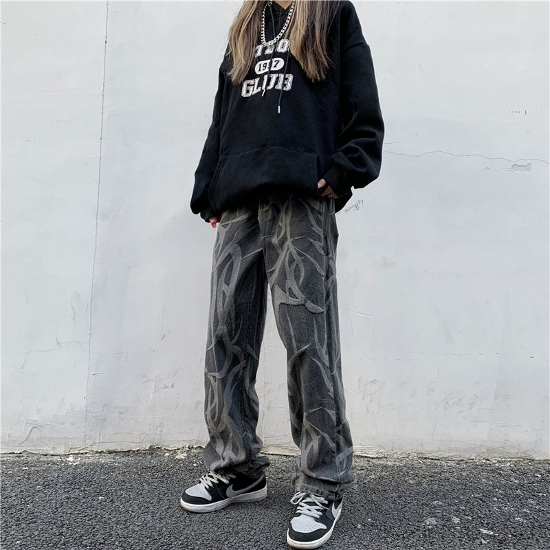 Højtaljede Straight Hip Hop Bukser Løse Og Tynde Wide Leg Jeans Med Print