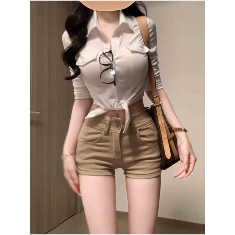 Khaki Double-Button Denim Shorts Women's Summer Style